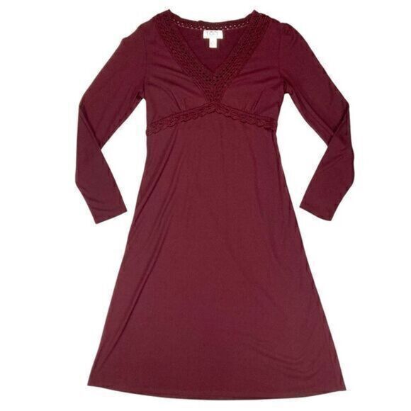 LOFT Dresses & Skirts - Loft Dress Womens Size 4 Burgundy Lace Trim Babydoll Elastic Empire Waist Midi